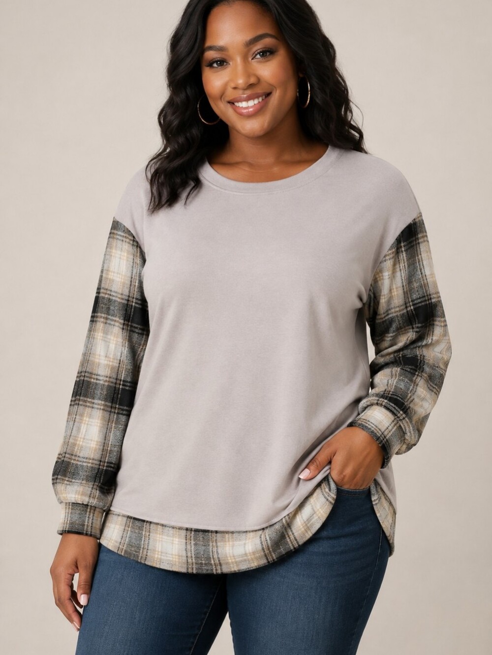 Chicme Women's Mixed Media Gray And Black Plaid Sleeve Top Sz L - Like New